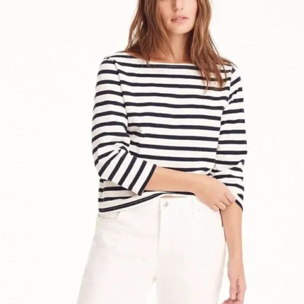J. Crew Factory Striped boatneck tee NWT size XS Navy and ivory